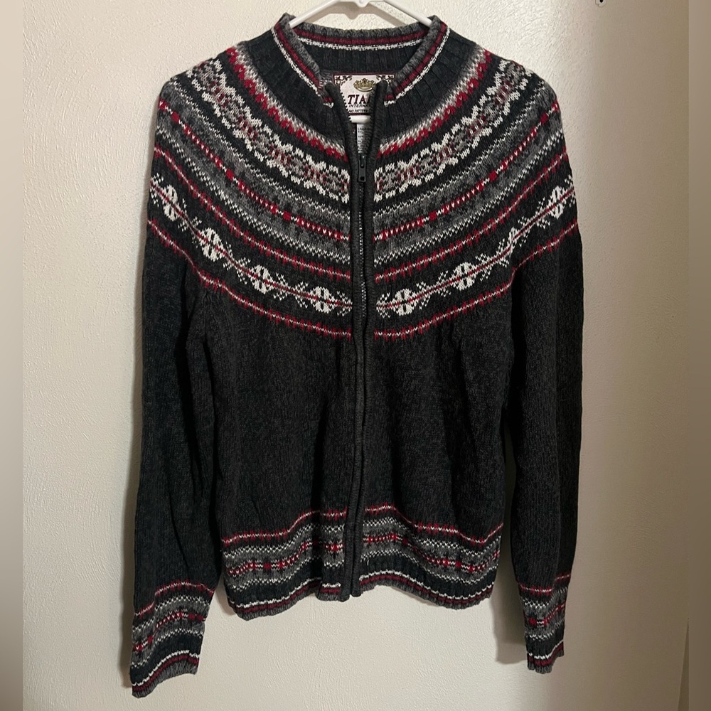 TIARA INTERNATIONAL Vintage Fair Isle Full Zip‎ Cardigan Sweater Red Grey Wms L